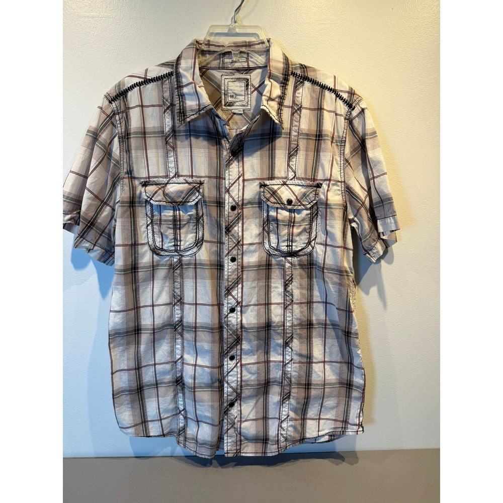 BKE Mens Slim Fit Plaid Short Sleeve Button Up Shirt Tan Burgundy 11170NM Large